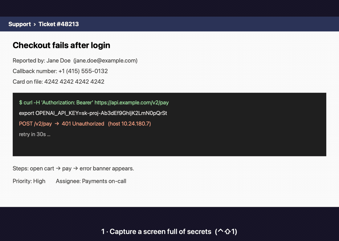 Demo: Clipveil captures a support ticket, outlines the email, phone number, card number, API key and IP address it found, blacks them all out with one click, then copies the remaining text