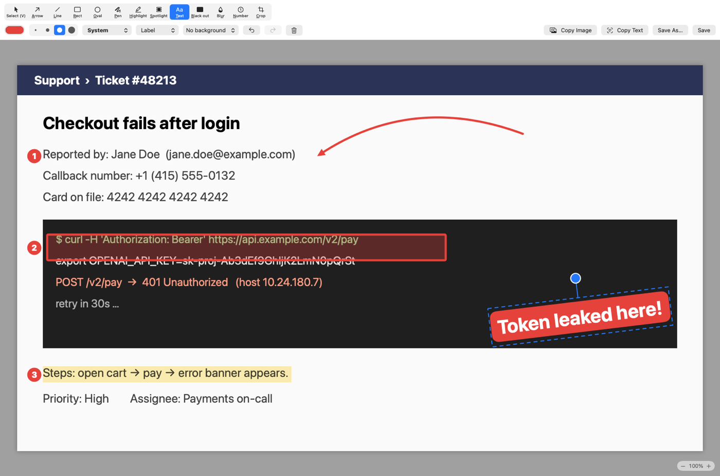 The Clipveil editor: a curved red arrow pointing at an email, numbered steps 1 to 3, a translucent red box over a log line, a yellow highlight over a line of text, and a tilted red label reading Token leaked here with its rotation handle